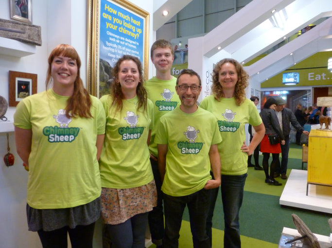 Chimney Sheep Green Hero crew wearing Chimney Sheep green Tshirts at Grand Designs Live in Birmingham