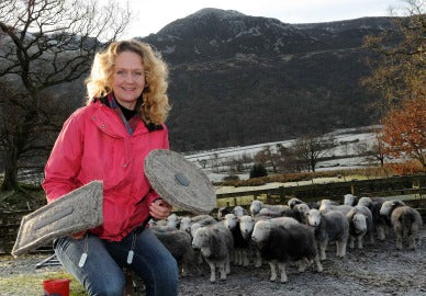 Sally Phillips holding two Chimney Sheep infront of a flock of herdwick sheep with the picteresque Lake District in the background